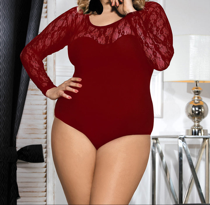 Long Sleeve Plus Size Openable Crotch Mesh Red Bodysuit - LushIntimate 