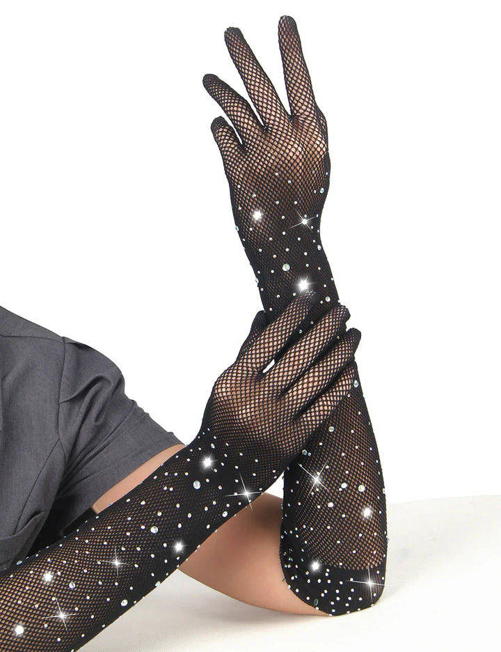 Black Glitter Rhinestone Gloves - LushIntimate 