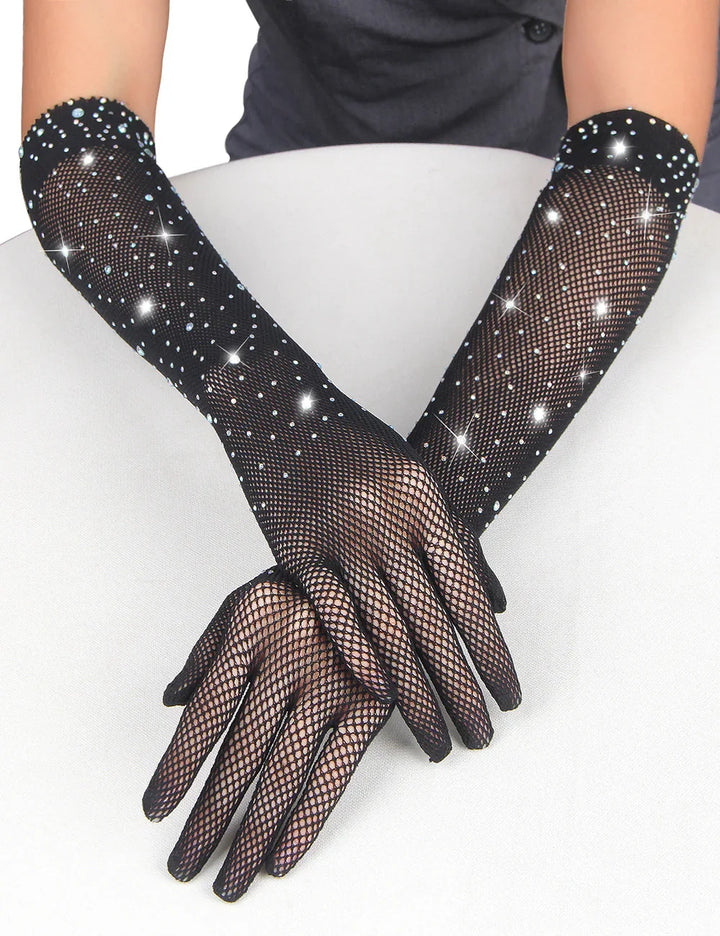 Black Glitter Rhinestone Gloves - LushIntimate 
